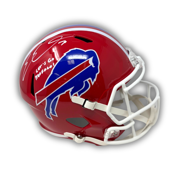 Eric Wood Signed Buffalo Bills Full Size Red Throwback Speed Replica Helmet with "Let's Go Buffalo"