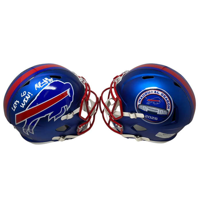 Michael Hoecht Signed TSE Exclusive Riddell Inaugural Buffalo Bills Full Size Blue Speed Replica Helmet with "Let's Go Win"