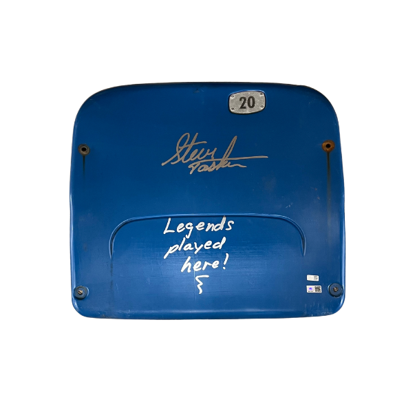 Steve Tasker Autographed Authentic Highmark Stadium Blue Seatback with "Legends Played Here"