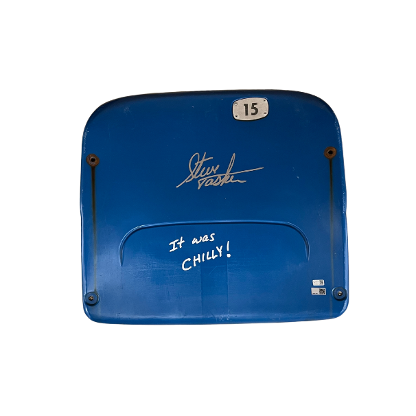 Steve Tasker Autographed Authentic Highmark Stadium Blue Seatback with "It Was Chilly"