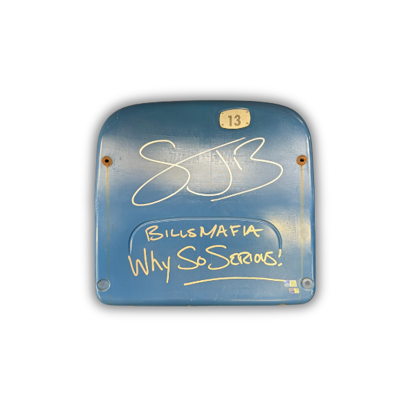 Stevie Johnson Autographed Authentic Highmark Stadium Blue Seatback with "Bills Mafia + Why So Serious"
