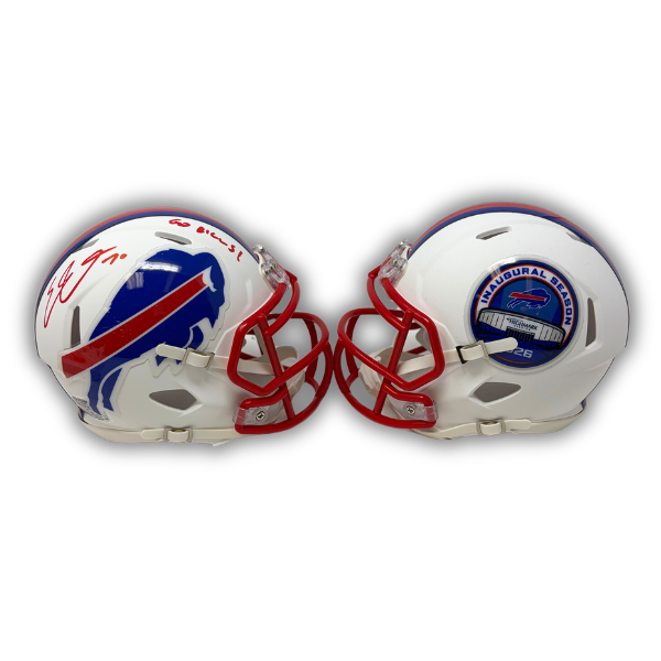 Eric Wood Signed TSE Exclusive Riddell Inaugural Buffalo Bills White Speed Mini Helmet with "Go Bills"