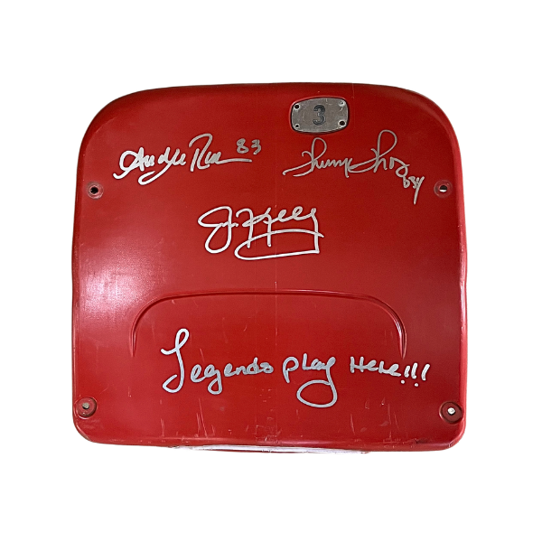 Triplet Autographed Authentic Highmark Stadium Red Seatback with "Legends Played Here"