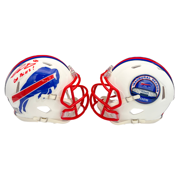 Terrel Bernard Signed TSE Exclusive Riddell Inaugural Buffalo Bills White Speed Mini Helmet with "Go Bills"
