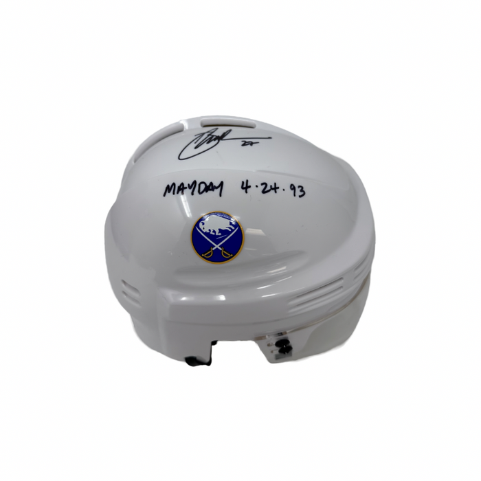 Brad May Signed Buffalo Sabres White Mini Helmet with "Mayday 4/24/93"