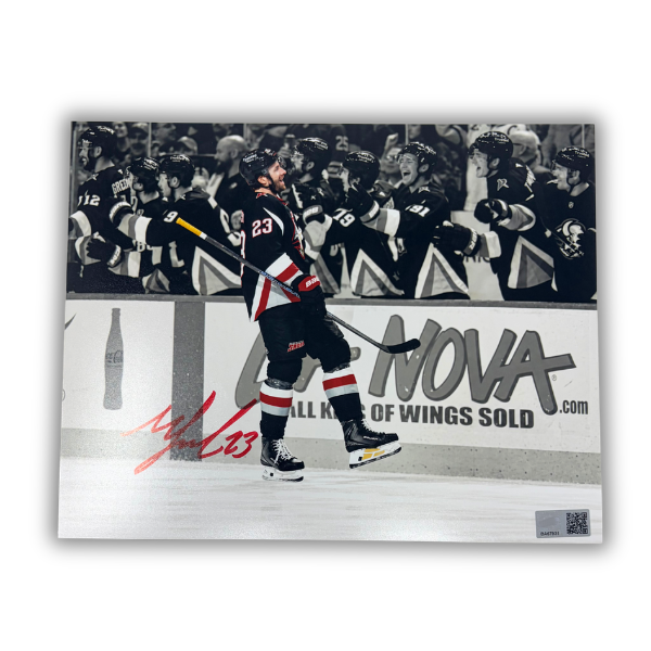 Mattias Samuelsson Signed Celebrating with Bench in Goathead Jersey Spotlight Photo