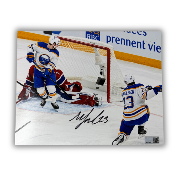 Mattias Samuelsson Signed Scoring Goal in White Jersey Photo