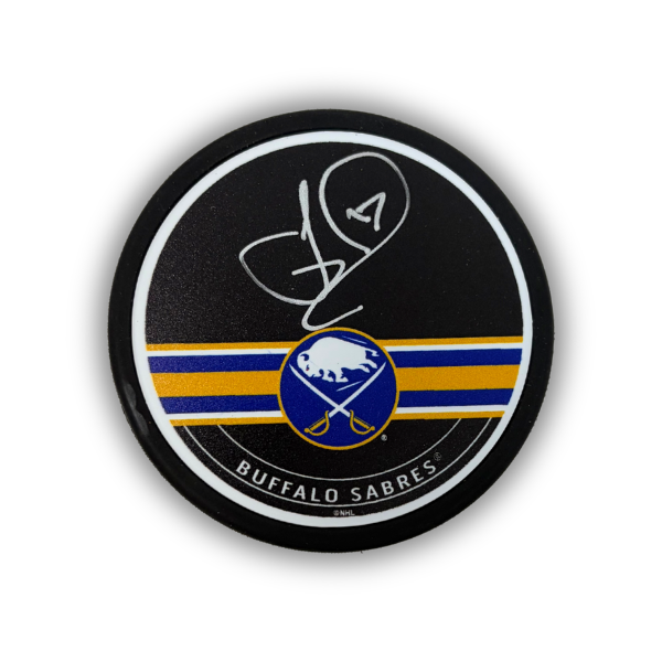 Jason Zucker Signed Buffalo Sabres Blue and Gold Striped Hockey Puck