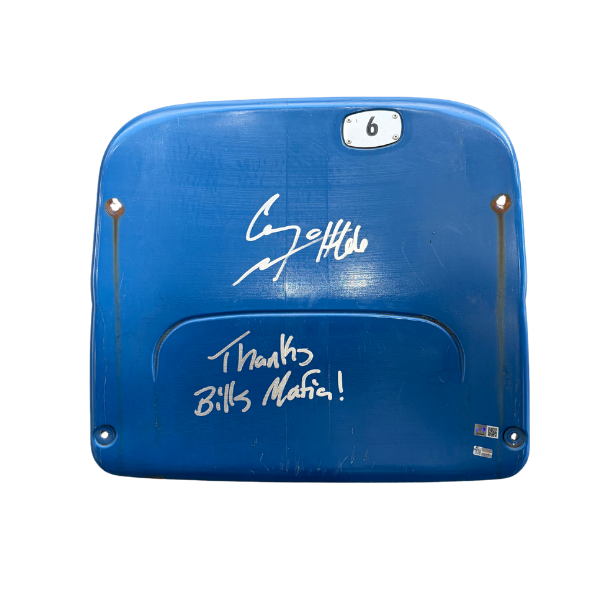 Connor McGovern Autographed Authentic Highmark Stadium Blue Seatback with "Thanks Bills Mafia"