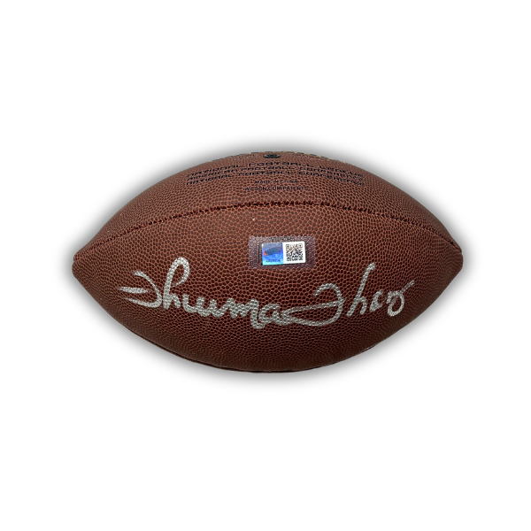 Marv Levy and Thurman Thomas Dual Signed Wrong Panel Wilson Replica Football