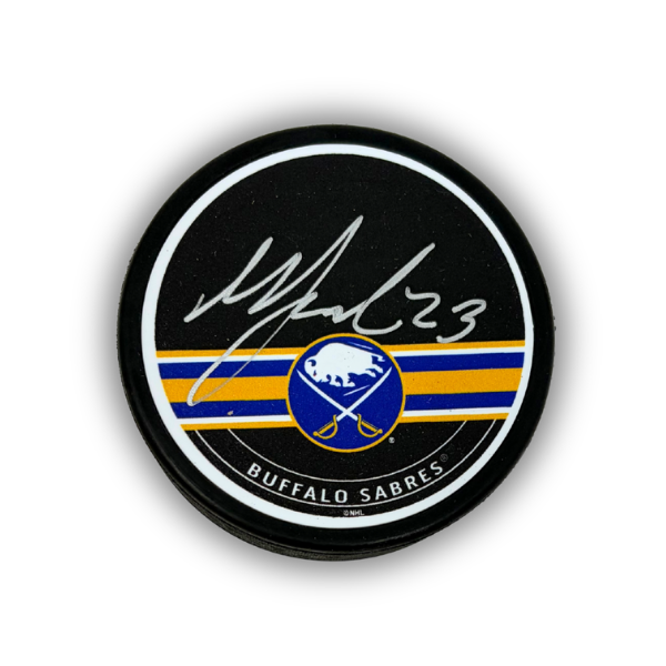 Mattias Samuelsson Signed Buffalo Sabres Blue and Gold Striped Hockey Puck