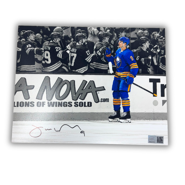Josh Norris Signed Celebrating with Bench in Blue Jersey Spotlight Photo