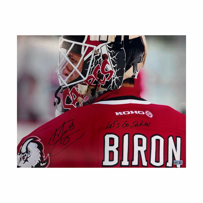 Martin Biron Signed Close-up in Goathead 16X20 Photo with "Let's Go Sabres"