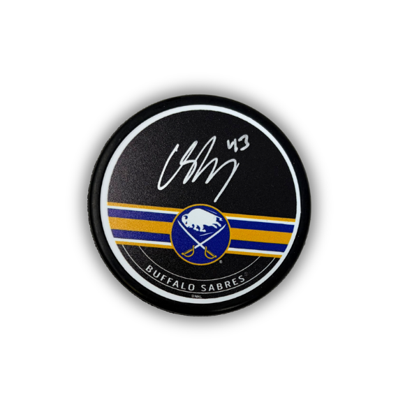 Conor Sheary Signed Buffalo Sabres Blue and Gold Striped Hockey Puck
