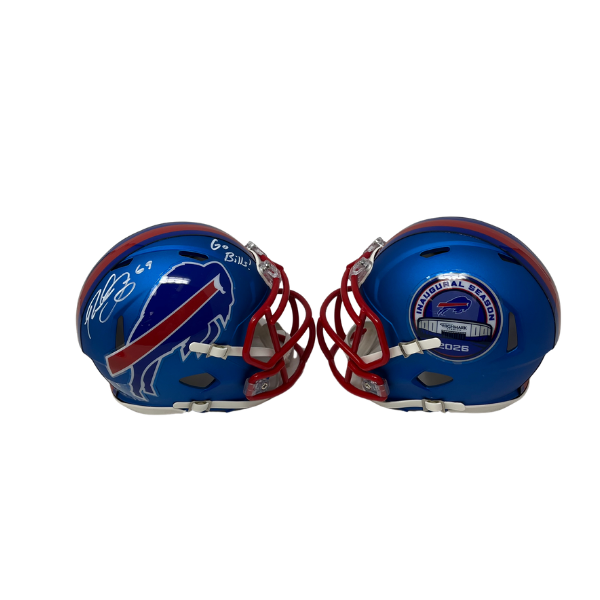 Reid Ferguson Signed TSE Exclusive Riddell Inaugural Buffalo Bills Blue Speed Mini Helmet with "Go Bills"