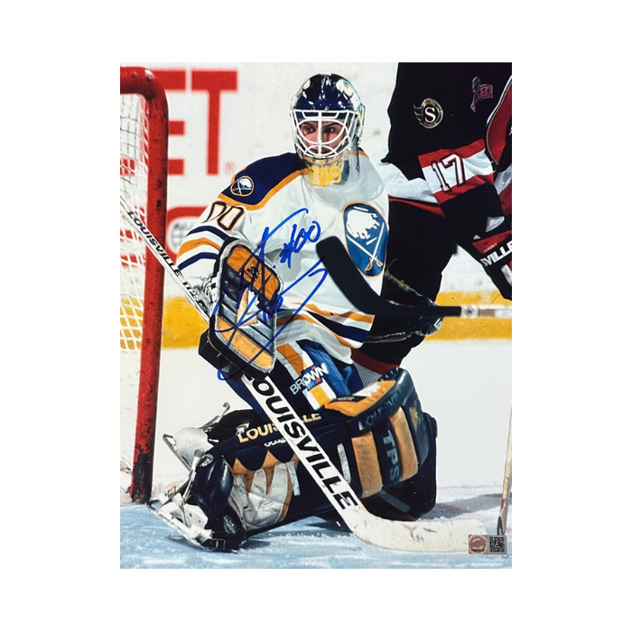 Martin Biron Signed Close-up in Net Wearing White Photo