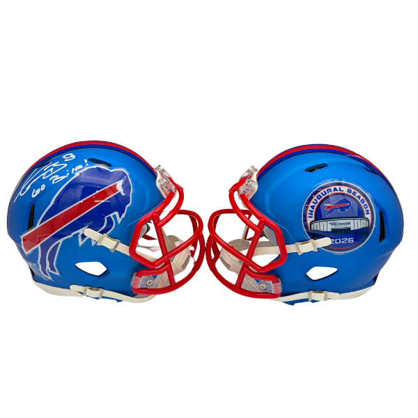 Terrel Bernard Signed TSE Exclusive Riddell Inaugural Buffalo Bills Blue Speed Mini Helmet with "Go Bills"
