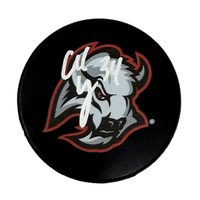 Alex Lyon Signed Buffalo Sabres Large Goathead Logo Hockey Puck