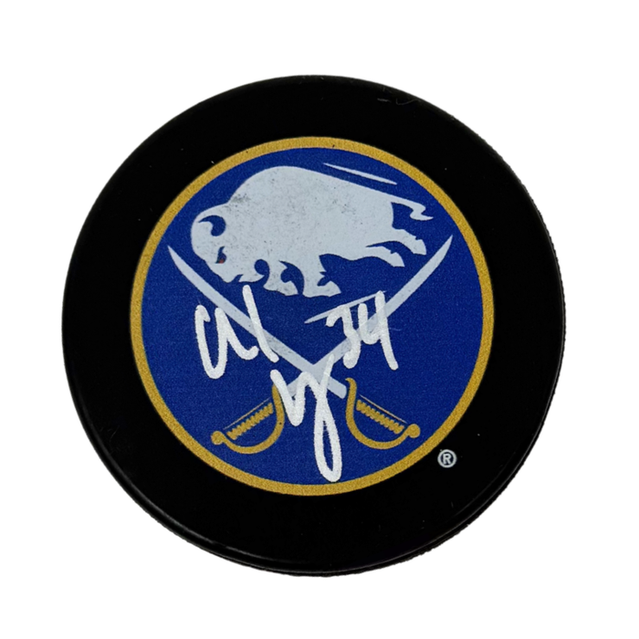 Alex Lyon Signed Buffalo Sabres Large Logo Hockey Puck