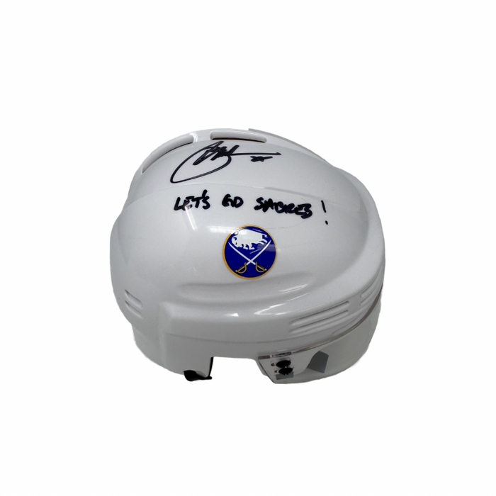 Brad May Signed Buffalo Sabres White Mini Helmet with "Let's Go Sabres"
