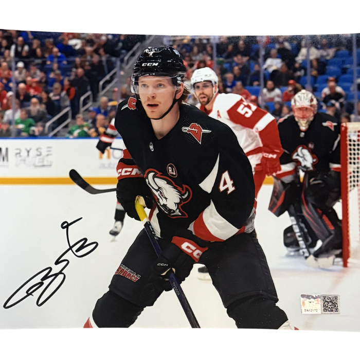 Bowen Byram Signed Stick Down in Goathead Uniform vs Detroit Red Wings Photo