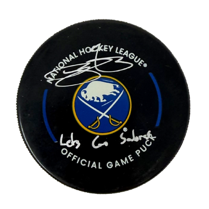 Bowen Byram Signed Buffalo Sabres Official Game Model Hockey Puck Inscribed "Let's Go Sabres"