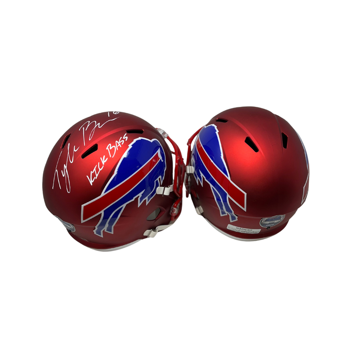 Tyler Bass Signed TSE Exclusive Riddell Inaugural Buffalo Bills Full Size Red Speed Replica Helmet with "Kick Bass"