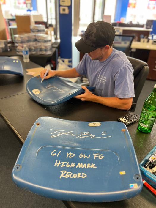 Tyler Bass Autographed Authentic Highmark Stadium Blue Seatback with "61 YD GW FG Highmark Record"