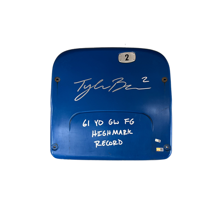 Tyler Bass Autographed Authentic Highmark Stadium Blue Seatback with "61 YD GW FG Highmark Record"