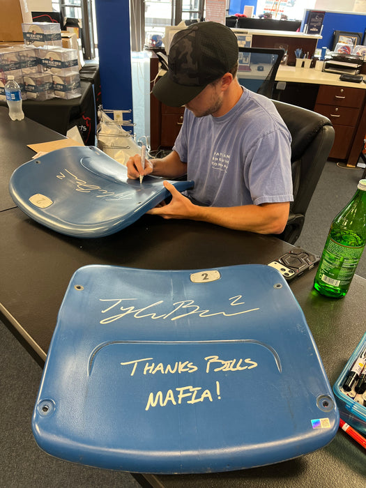 Tyler Bass Autographed Authentic Highmark Stadium Blue Seatback with "Thanks Bills Mafia"
