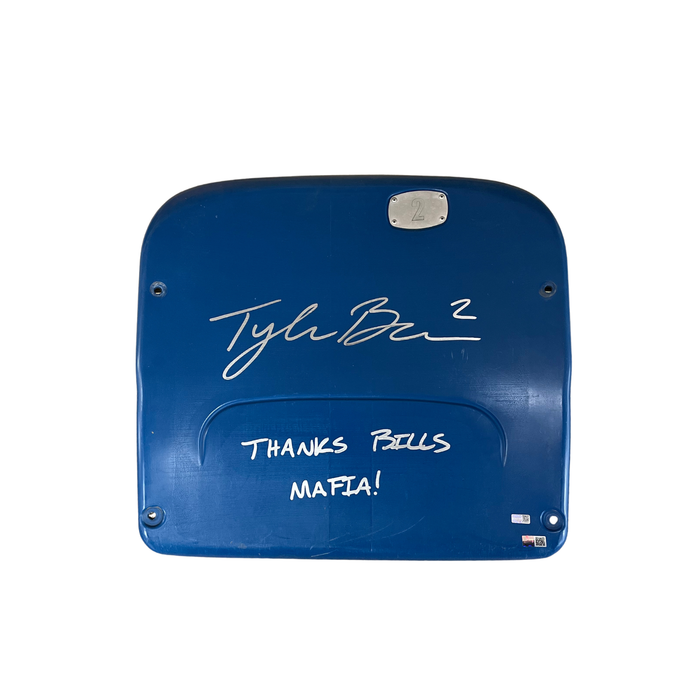Tyler Bass Autographed Authentic Highmark Stadium Blue Seatback with "Thanks Bills Mafia"