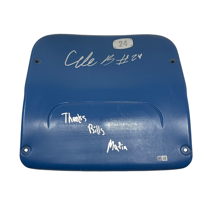 Cole Bishop Autographed Authentic Highmark Stadium Blue Seatback with "Thanks Bills Mafia"