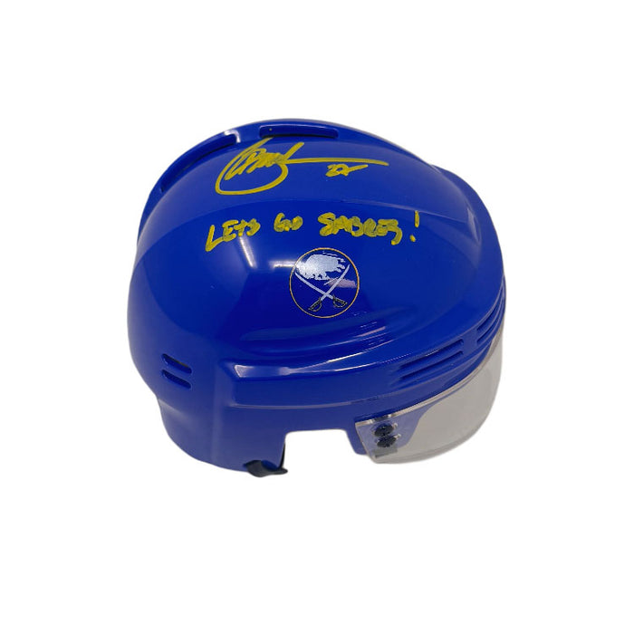 Brad May Signed Buffalo Sabres Blue Mini Helmet with "Let's Go Sabres"