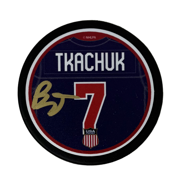 Brady Tkachuk Signed Jersey Team USA Hockey Puck