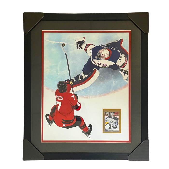Connor Hellebuyck Unsigned Iconic Behind the Back Stick Save 16x20 Photo with Trading Card Professionally Framed