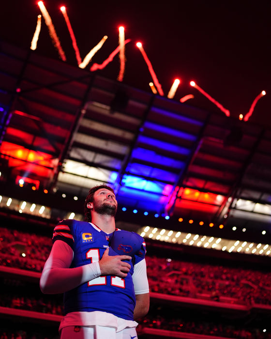 Josh Allen Unsigned Hand Over Heart Home Opener Photo