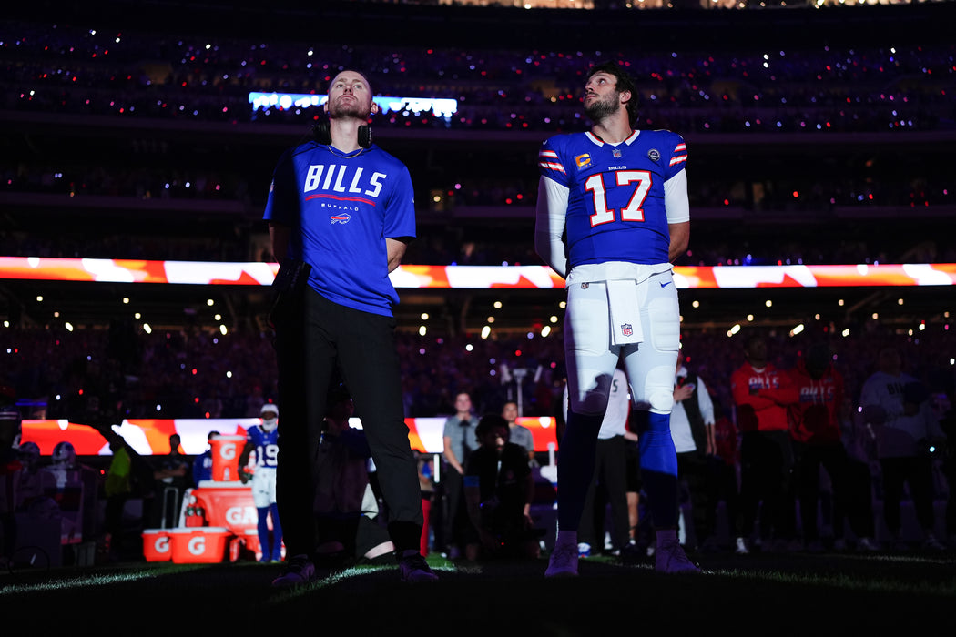Unsigned Josh Allen and Joe Brady Standing Together Home Opener Photo