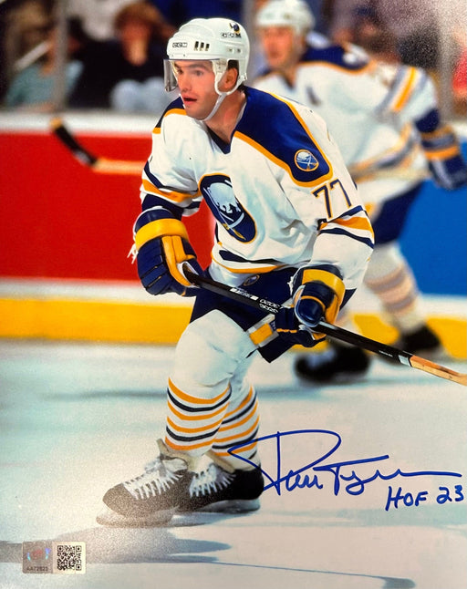 Pierre Turgeon Signed Side View in White Photo with HOF 23 Signed Hockey Photo TSE Buffalo 