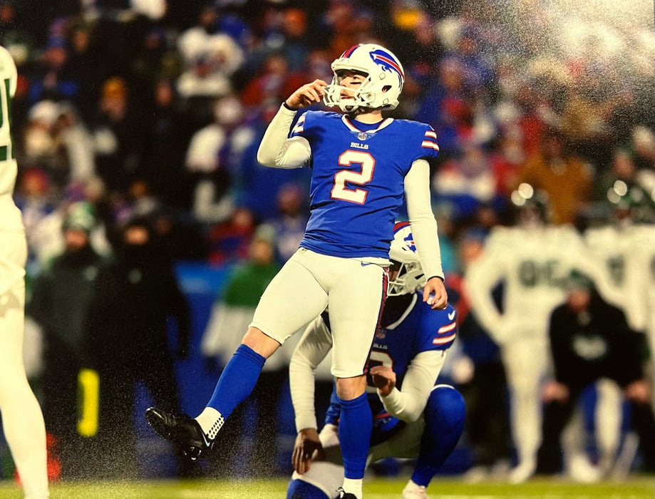 Tyler Bass After Kick in Blue Unsigned 8x10 Photo Unsigned Photos TSE Buffalo 