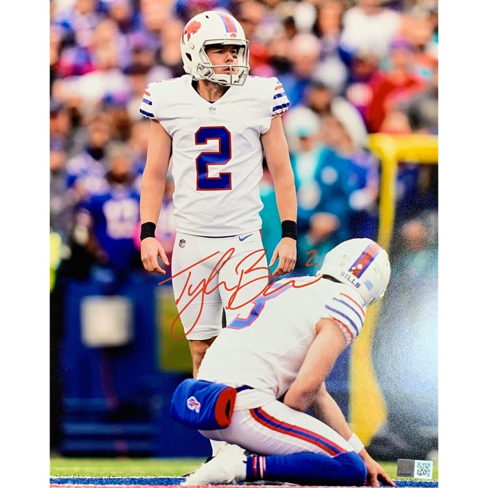 Tyler Bass Signed Lining Up Kick with Holder Photo Signed Photos TSE Buffalo 11x14 