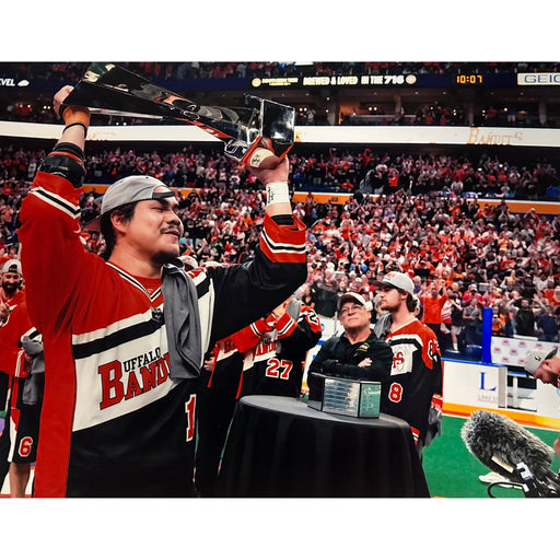 Tehoka Nanticoke Unsigned Holding up Trophy Side View Photo Signed Lacrosse Photo TSE Buffalo 8X10 