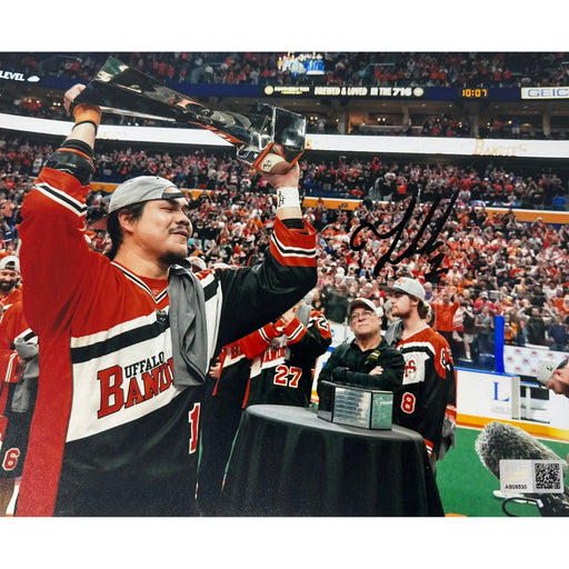 Tehoka Nanticoke Signed Holding NLL Trophy Above Head Side View Photo Signed Lacrosse Photo TSE Buffalo 8X10 