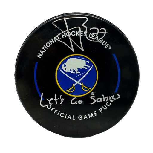 JJ Peterka Signed Buffalo Sabres Official Game Puck with Let's Go Sabres Signed Hockey Pucks TSE Buffalo 