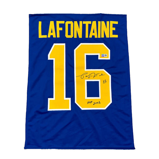 Pat LaFontaine Signed Custom Blue Jersey Panel with HOF 2003 Signed Hockey Jersey TSE Buffalo 