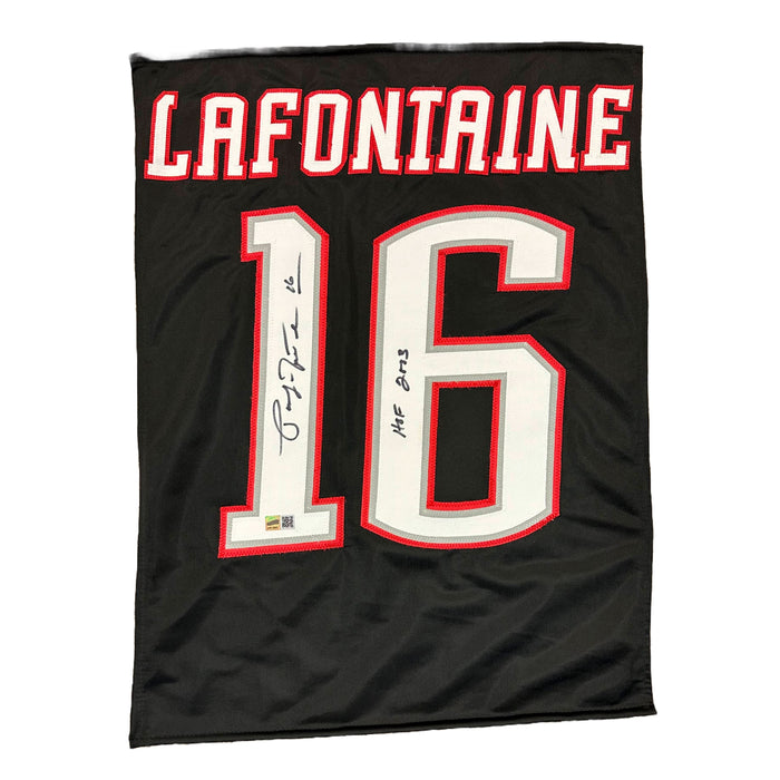 Pat LaFontaine Signed Custom Black Jersey Panel with HOF 2003 Signed Hockey Jersey TSE Buffalo 