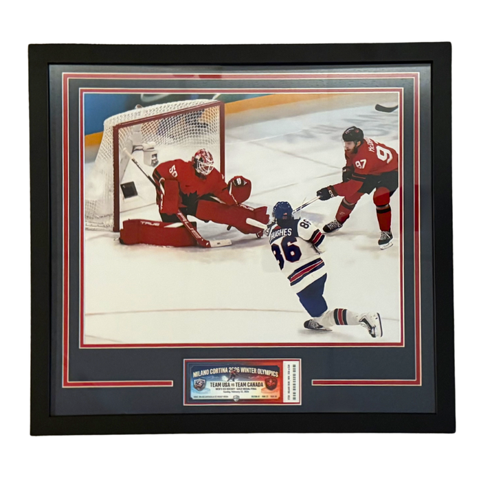 Jack Hughes Unsigned 2026 USA Olympics Golden Goal 16x20 Photo with Replica Ticket Professionally Framed