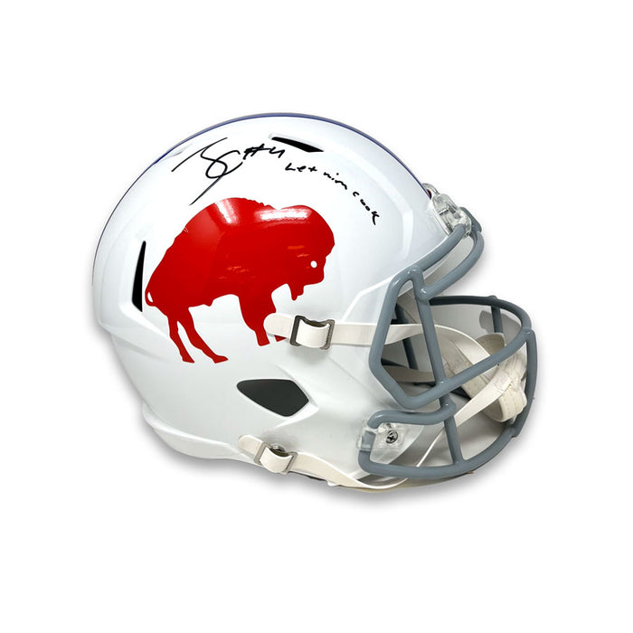 James Cook Signed Buffalo Bills Full Size Standing Buffalo Speed Replica Helmet with Let Him Cook