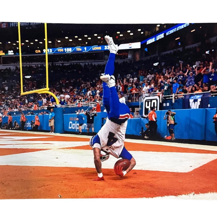 James Cook Unsigned Endzone Flip vs. Dolphins 8x10 Photo