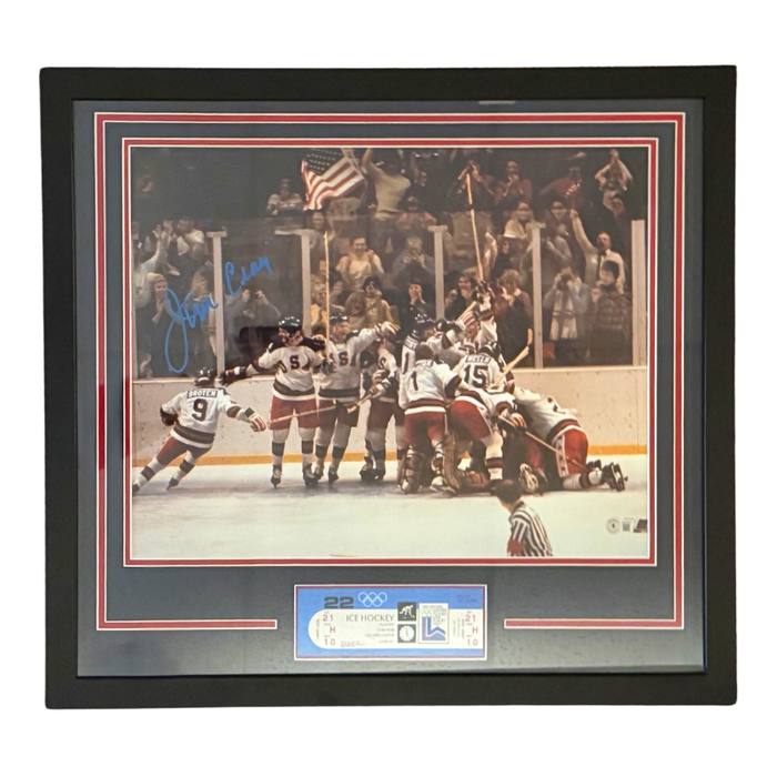 Jim Craig Signed 1980 Miracle on Ice Celebration 16x20 Photo with Replica Ticket Professionally Framed