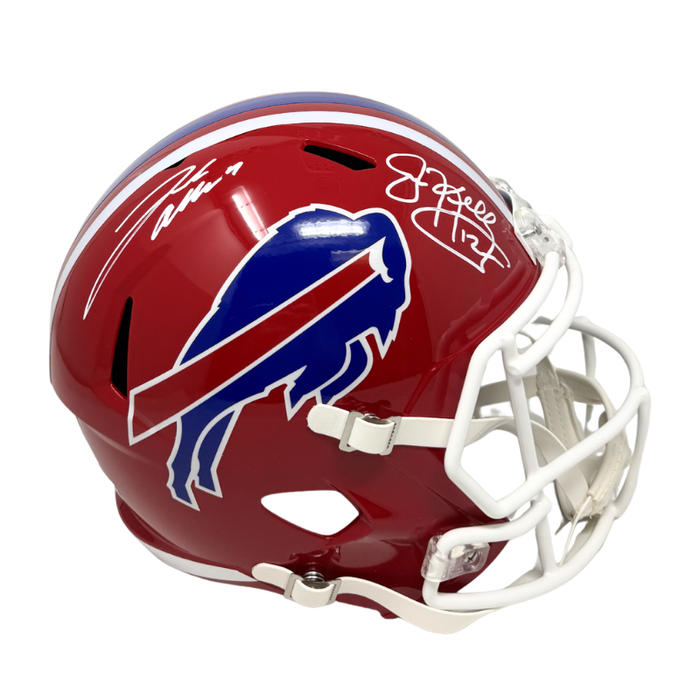 Josh Allen and Jim Kelly Dual Signed Buffalo Bills Full Size Red Throwback Speed Replica Helmet